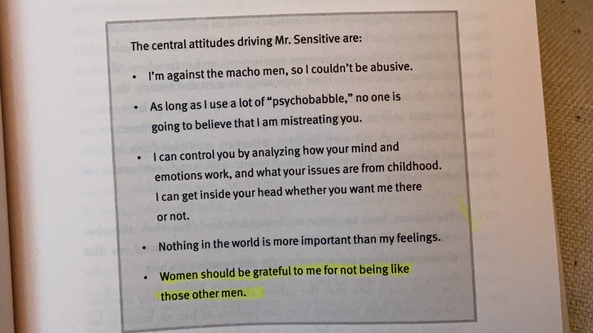 “The ‘gentleman’ abuser is self-centered & demands emotional caretaking. They may not have a fit b/c dinner is late, instead will erupt b/c you failed to sacrifice your needs to keep them content. They’ll play up fragility to divert attention from destruction they leave behind.”
