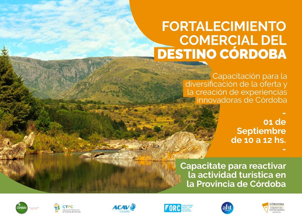 ▶️ Invitamos a todos los prestadores del sector turístico de la Provincia de Córdoba a participar, el próximo martes 01 de Septiembre, de la Capacitación “Fortalecimiento Comercial del Destino Córdoba” y la posterior ronda de negocios.
Registrate aquí: bit.ly/2D4KTTw