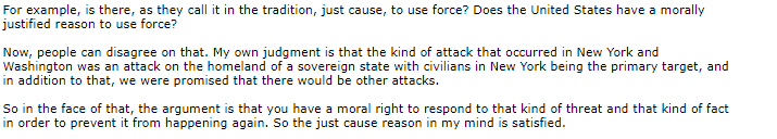 Here is an excerpt from a PBS interview in 2002 with Bryan Hehir, who is also a board member for Friends of, in which he explains why the war in Afghanistan was a "just war."  http://www.pbs.org/now/printable/transcript_hehir_print.html