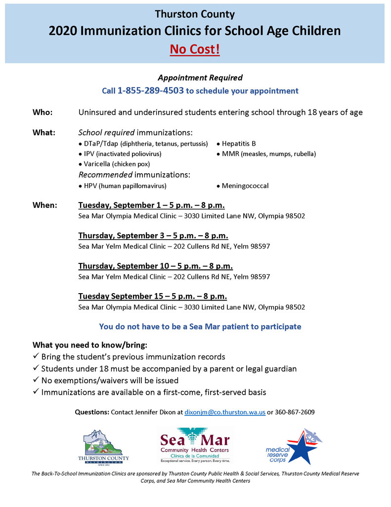 Teninosd On Twitter Thurston County Has Four Free Immunization Clinics This Year The Phone Number To Call For An Appointment Is On The Flyer Seamar Olympia Medical Clinic 5 8 Pm On Sept