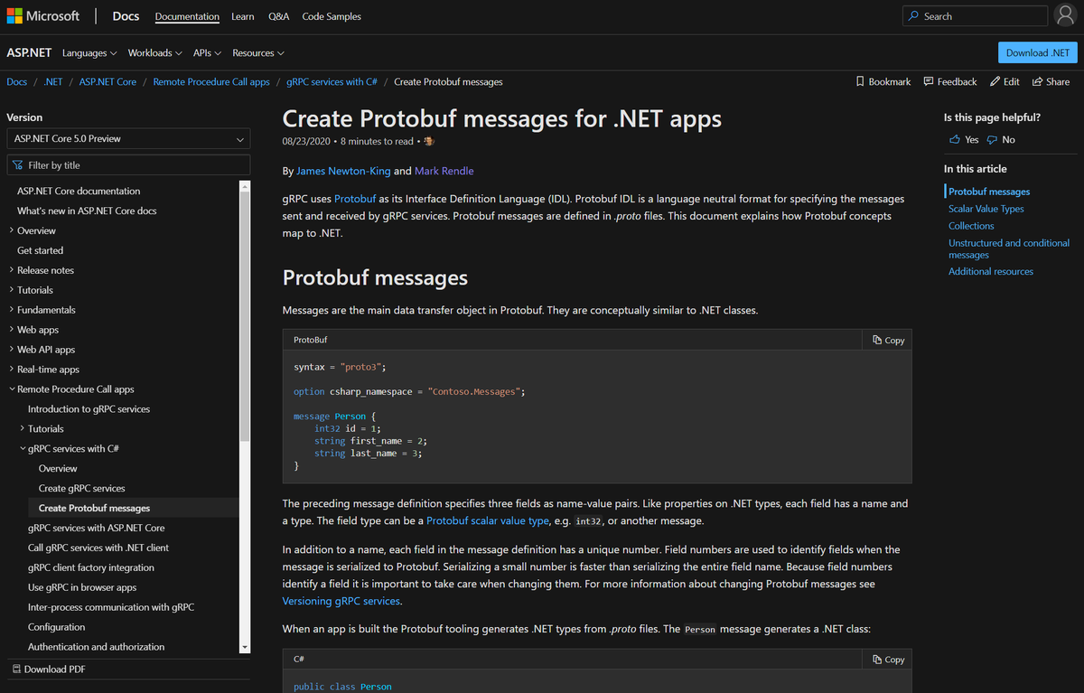 New gRPC documentation: Create Protobuf messages for .NET apps

This doc summarizes content from the "gRPC for WCF developers" by <a href="/markrendle/">Rendle Has Left The Dumpster Fire</a>

docs.microsoft.com/aspnet/core/gr…