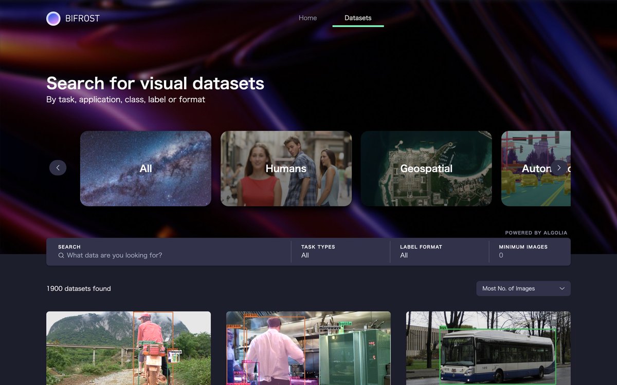 m__sb04's tweet image. 機械学習用データセット検索ツール「Bifrost Data Search」が無償公開👏
約2000の画像データセットが纏められている、ありがたい @bifrost_ai 
▶︎ datasets.bifrost.ai