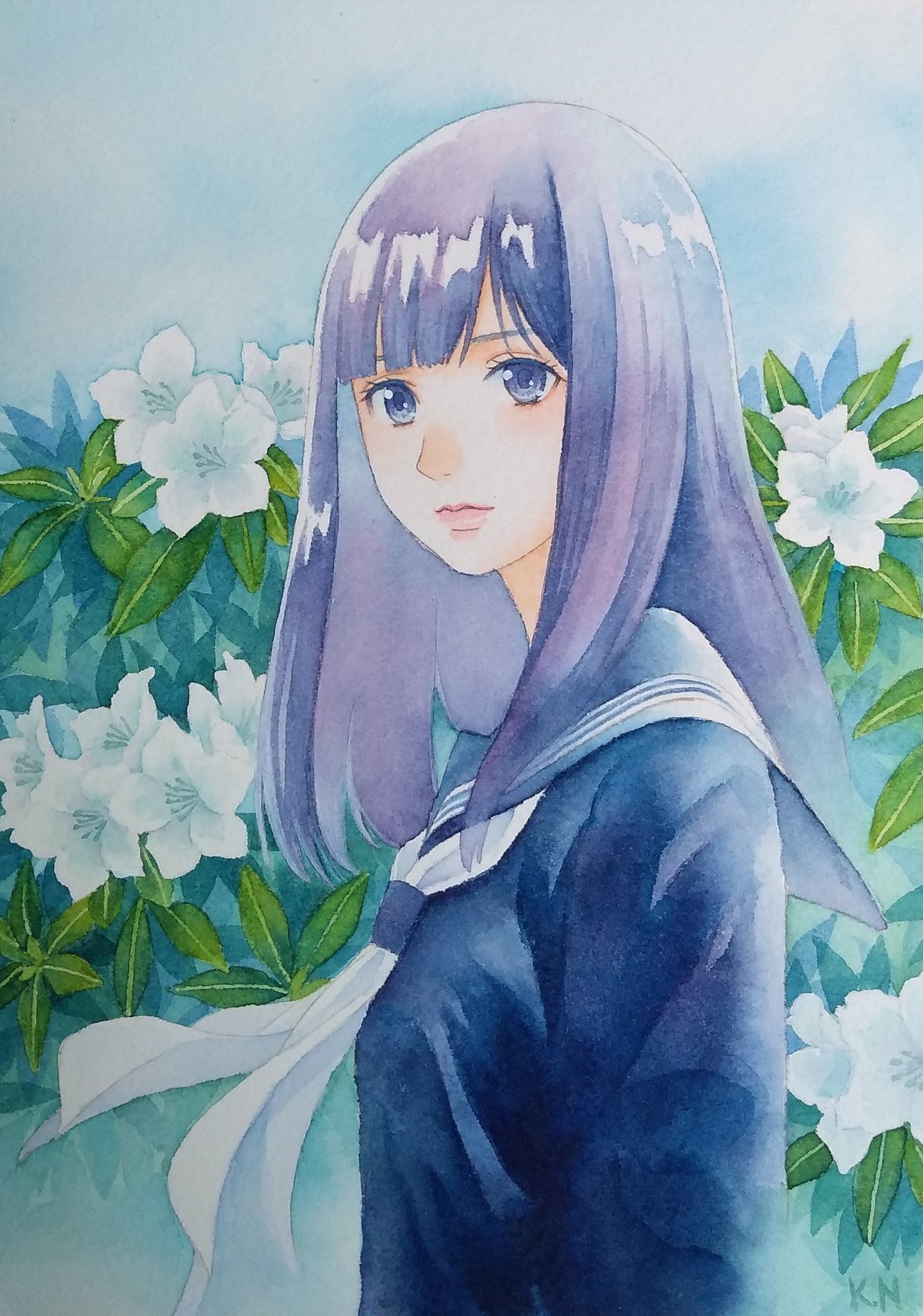 K N 描きました 水彩画 アナログ イラスト 創作の狼煙 イラスト基地 イラスト王国 絵描き人 女の子 セーラー服 線引者 少女 花 T Co R3lew9uuy6 Twitter