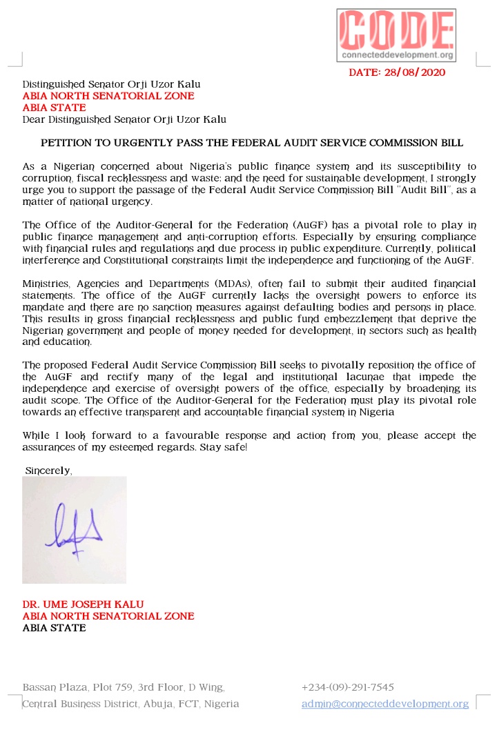 UmeJoseph1's tweet photo. I just sent a petition to @OUKtweets and @ukonkole in Abia state to support urgent passage of the Federal Audit Service Commission Bill #AuditBill 
#AuditMoneyTrail
#WriteYourLegislator 
@nassnigeria 
@HamzyCODE @lucydavis2012 
@dannyugwu https://t.co/VoB7eAB5Lt