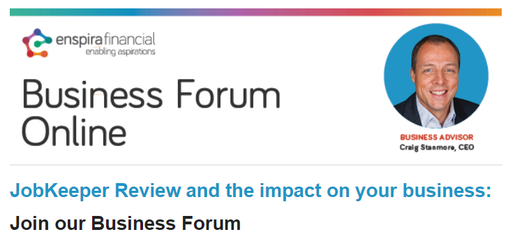 EnspiraF's tweet photo. Join our community of business owners as we discuss important issues and gain insights from one another.
Thurs 3 Sept 9.30 - 10.45am https://t.co/3jUJYLLi6j

Topics include:
| JobKeeper Amendments
| Victoria State Support Package
| Economic Outlook
| Business Post Stimulus https://t.co/mNR8ci1n9o