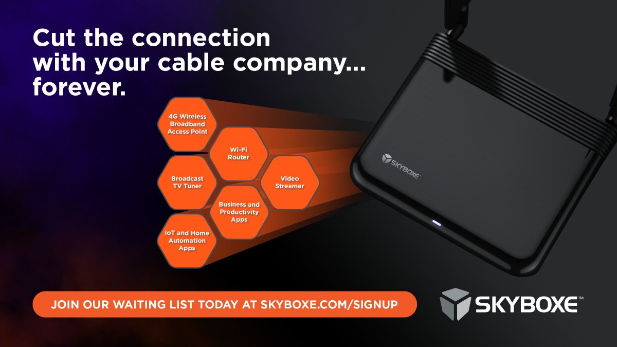 Skyboxe's tweet photo. Skyboxe is an all-in-one, app-enabled platform that delivers fixed, high-speed broadband from a wireless carrier, rather than from your cable company or ISP. Our 4G device launches in the USA in the fall of 2020. We invite you to join our waiting list at https://t.co/9IDOc10u0u. https://t.co/c8AwYc96f7