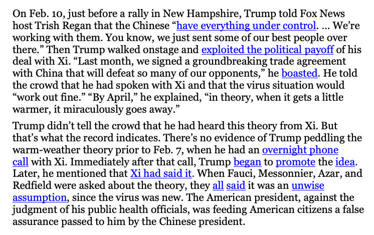 Trump says China deceived him about the virus. But Trump actually collaborated with Xi to deceive the rest of us. Here’s a phone call in which Xi fed Trump a rosy talking point that US health officials called misleading. Trump then used that talking point at a campaign rally. /2