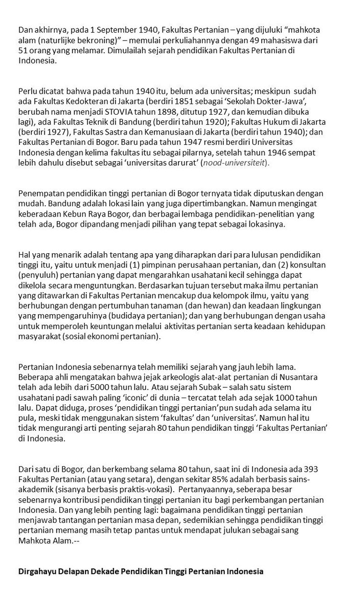 80 tahun Pendidikan Tinggi Pertanian Indonesia