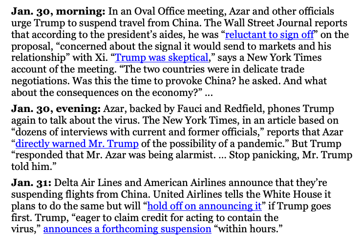 The story Trump tells about the China travel ban — that he demanded it, while his advisers opposed it — is total BS. The time line shows that when Fauci and others endorsed the ban, Trump held back. He didn’t want to offend China. He didn’t yield till airlines forced his hand. /4