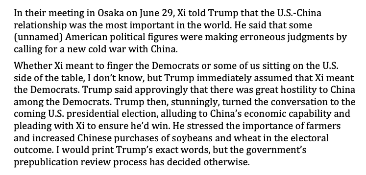 Why did Trump collaborate with Xi? To get China’s money and win reelection. Here, Bolton reports that he witnessed Trump “pleading with Xi to ensure he’d win.” Trump told Xi that Chinese ag purchases were crucial to the US farm economy and the election. /5  https://on.wsj.com/3jiZkCO 