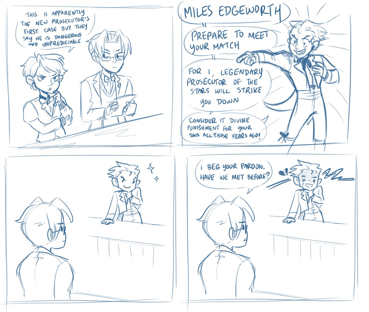 ROLESWAP AU DUMP basically miles never defended phoenix in the class trial so phoenix studied to be a prosecutor out of pure spite and asserts himself as a one-sided rival to miles 