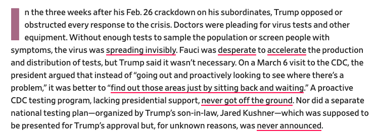 Remember when Trump said he had told his people to “slow the testing down”? Here he is at CDC on March 6, arguing against more testing. Instead of “proactively looking to see where there’s a problem,” he recommended “sitting back and waiting.”Without testing, we were blind. /12