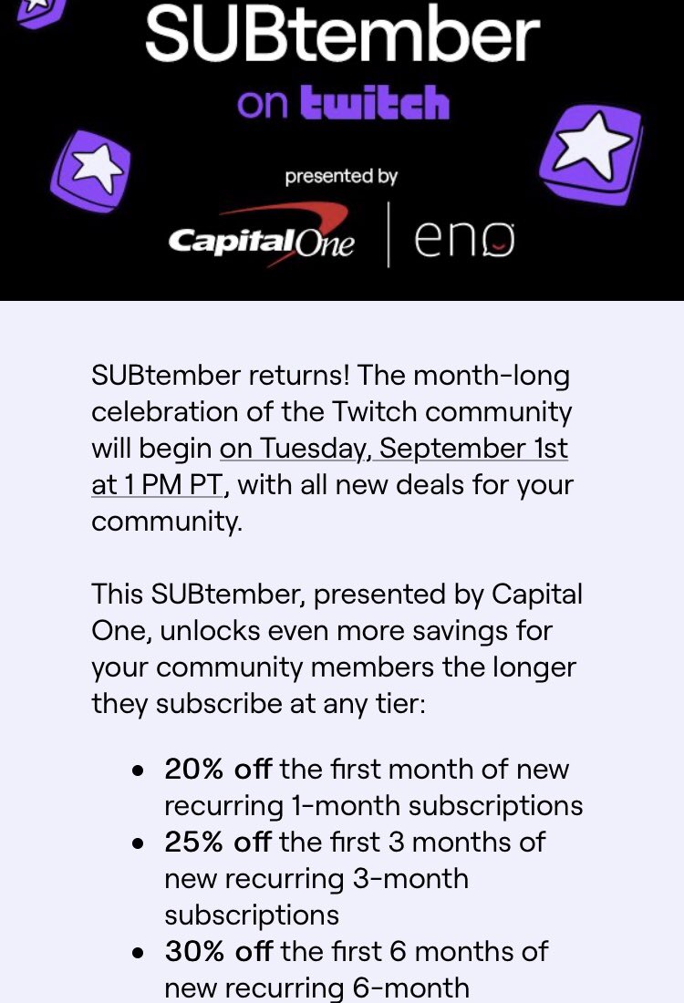 SUBtember is right around the corner!! Be sure to check out the special offers for the month to help me make some upgrades to better the stream!! Thanks to everybody!