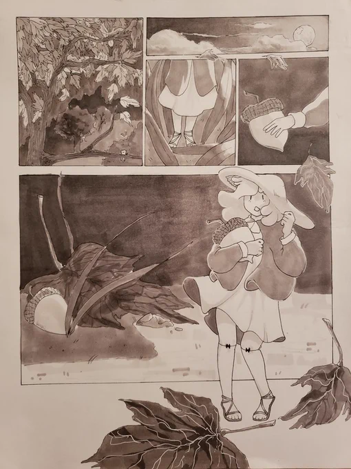 went through a few old things at home and found a comic I wrote in high school about my oc chanterelle. I totally forgot I had the whole thing thumbnailed! here's the first page, the only one I inked. (final / draft) 