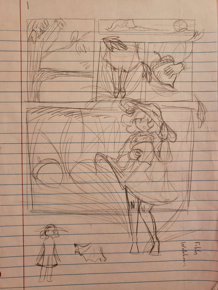 went through a few old things at home and found a comic I wrote in high school about my oc chanterelle. I totally forgot I had the whole thing thumbnailed! here's the first page, the only one I inked. (final / draft) 