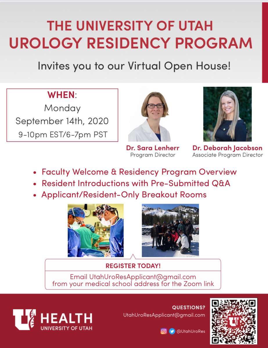 Join us for a #VirtualOpenHouse on Monday, September 14, 2020 from 9-10pm EST/6-7pm PST. Email us at UtahUroResApplicant@gmail.com from your medical school email address to receive the Zoom link. We are looking forward to meeting interested applicants!