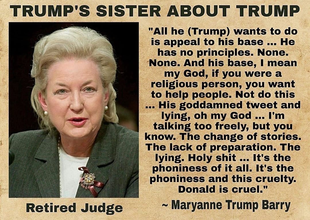 AnalystHealth's tweet photo. @realDonaldTrump Your sister told us you were unqualified and your niece, @MaryLTrump warned us. Voting you out and your family is how to improve this country! #DontTrustTrump #DonaldTrumpStandsFor https://t.co/Ozk3aYAamG
