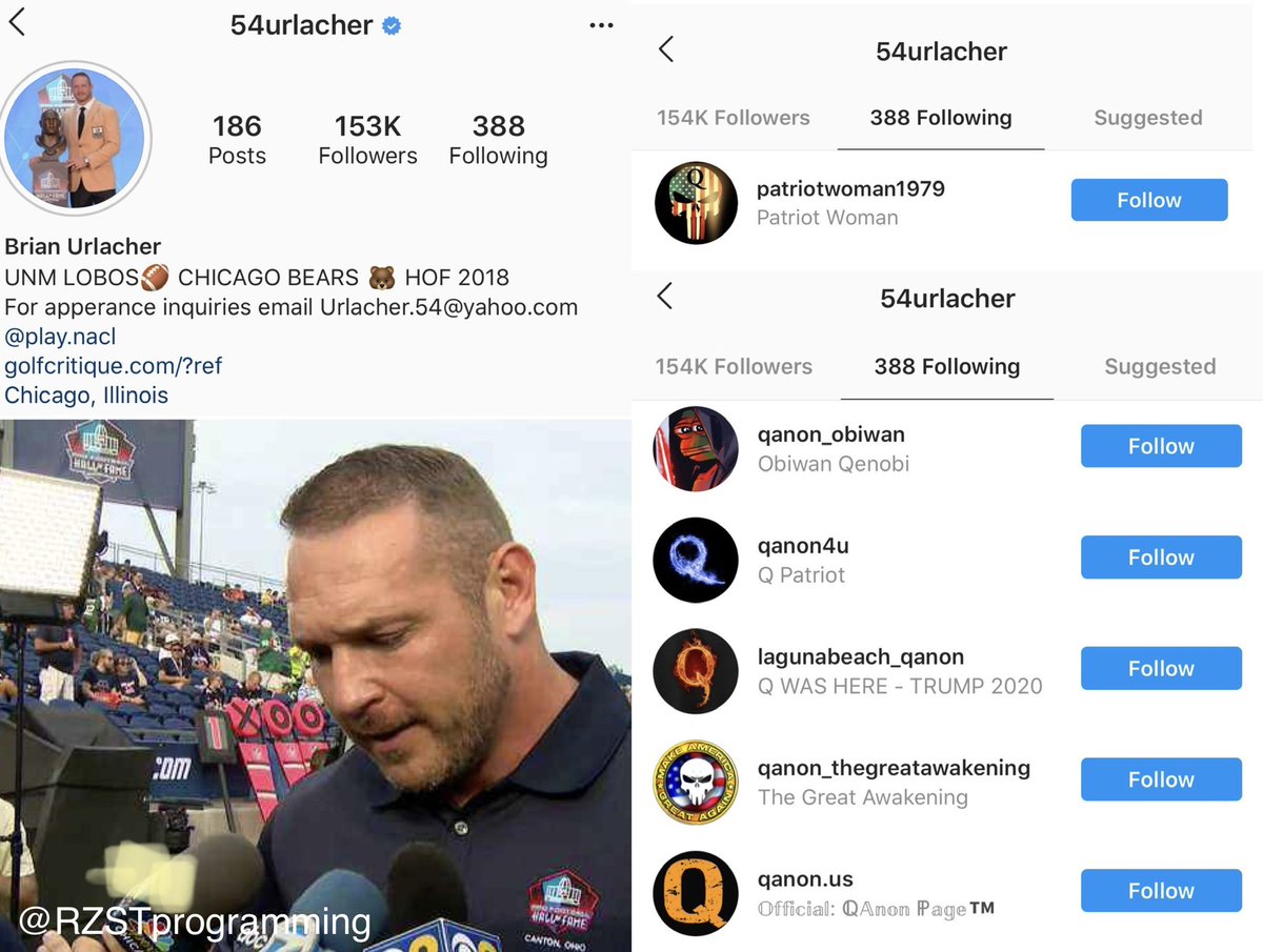NFL Hall of Famer Brian Urlacher follows 6 Qanon accounts on Instagram and has liked posts dismissing police brutality, pushing Hydroxychloroquine for  #COVIDー19, and other Q conspiracies theories.