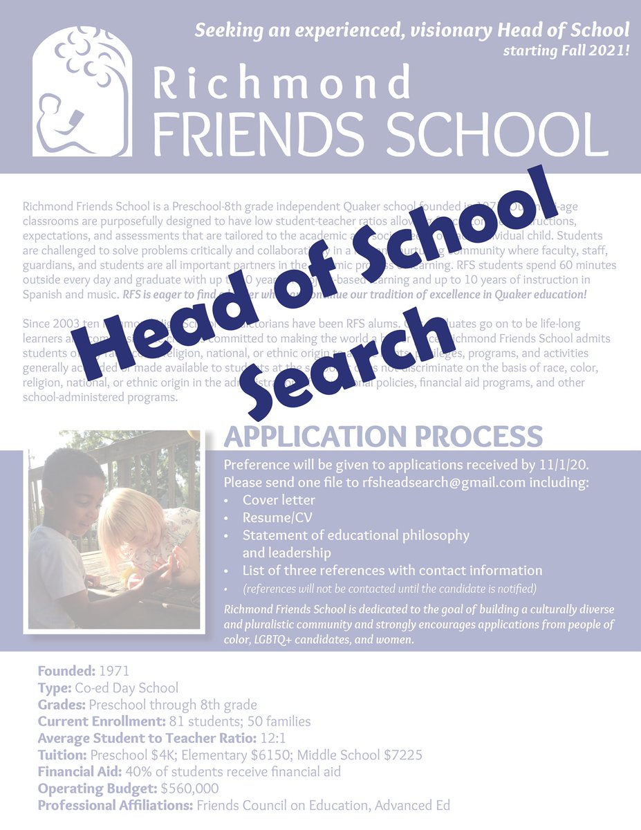 We are so grateful for the efforts of our Interim Head of School, Joe McHugh, who is doing a great job of guiding the school as we search for our permanent head!  Do YOU know someone who might be a perfect fit?  Richmondfriendsschool.org