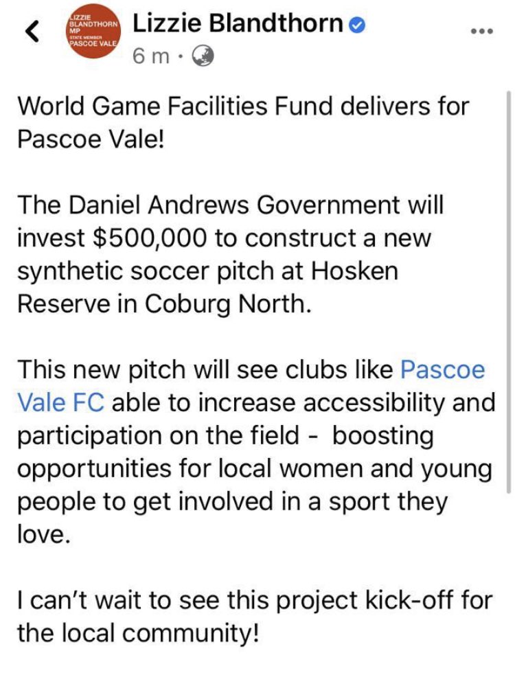 Excited to have @ActiveMoreland @morelandcouncil @pvfc_official @sportandrecvic #lizzie landthornmp#theworldgamefund deliver on a 10yr vision of a synthetic pitch at Hosken res. The kids and local community are going to love it!@peterfilopoulos @footballvic