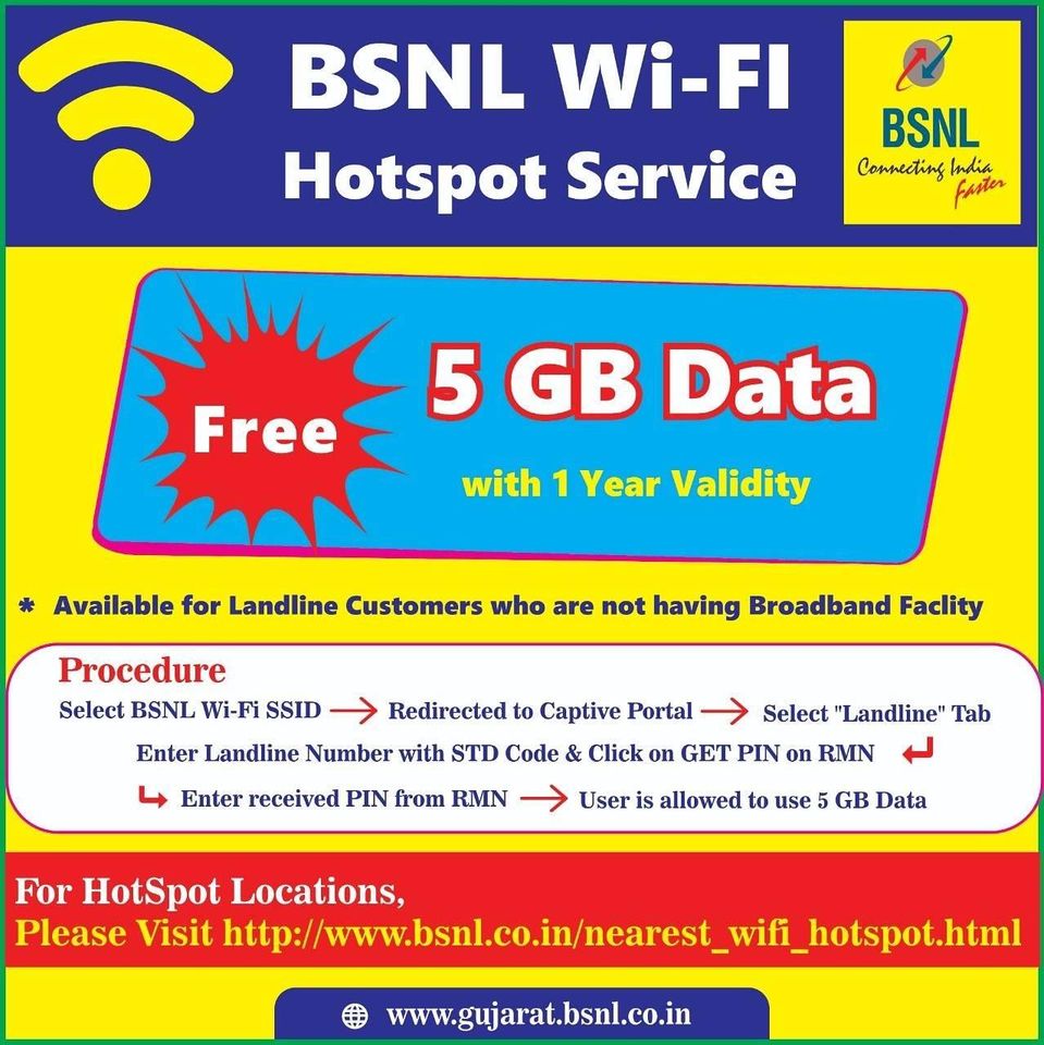 BSNL_GJ's tweet photo. BSNL INTRODUCES FREE 5 GB DATA THROUGH BSNL    WI FI HOTSPOT TO ALL BSNL LANDLINE USERS, WHO HAVE NO BROADBAND FACILITY AT PRESENT.
AVAIL THE OFFER NOW.
CONDITIONS APPLY
@BSNLCorporate 
@CMDBSNL  
@CGM_GUJ_BSNL  
@impksaha 
@scifri https://t.co/3rgq7NnWlX