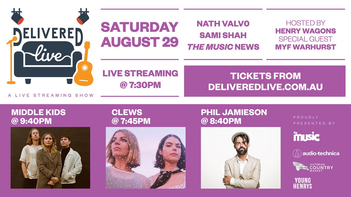 SET TIMES!! Tomorrow's livestream kicks off at 7:30pm AEST. SUBSCRIBE to the YouTube channel at tktrev.com/DLYoutubeSub

#deliveredlive #stayhome #stayhomeaustralia #streaminquarantine <a href="/clewsmusic/">CLEWS</a> <a href="/middlekidsmusic/">Middle Kids</a> <a href="/philjamieson/">Phil Jamieson</a> <a href="/nathvalvo/">Nath Valvo</a> <a href="/henrywagons/">Henry Wagons</a> <a href="/samishah/">Saaami</a>