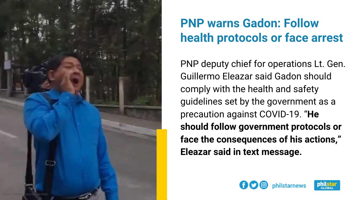 The PNP, which has already arrested thousands of quarantine violators without warning, warned lawyer Larry Gadon that he will face arrest if he doesn't follow health protocols. Gadon was recently seen outside without a mask and a face shield.READ:  https://www.philstar.com/nation/2020/08/28/2038312/pnp-warns-gadon-follow-health-protocols-or-face-arrest