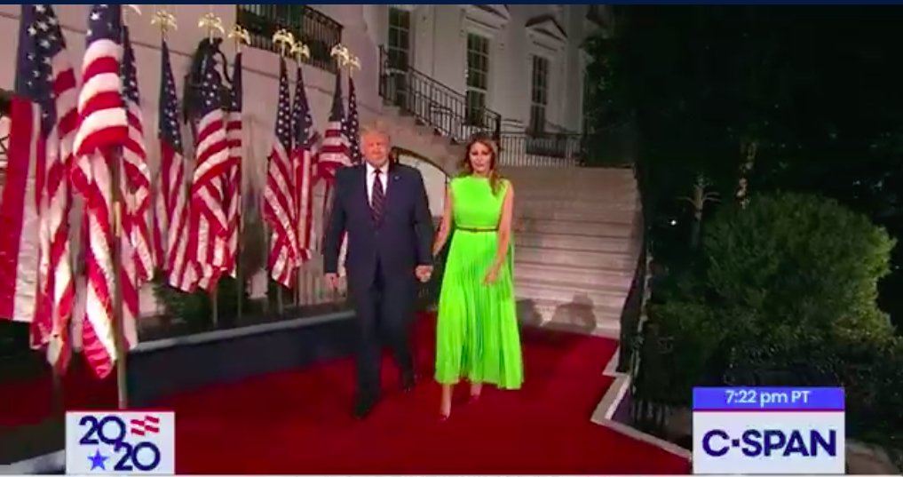President and Melania Trump descend from White House to address the crowd gathered on the South Lawn.