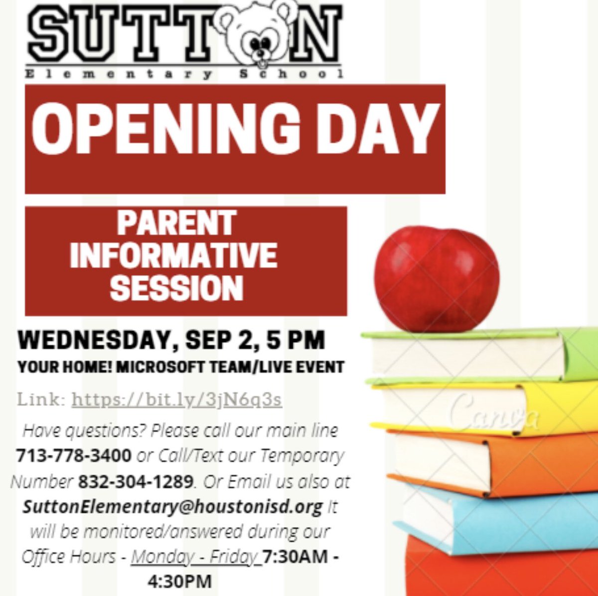 SuttonES_HISD's tweet photo. Opening Day Parent Information Session Wednesday, Sept. 2 @ 5pm📍Día de Apertura sesion informativa Miercoles, 2 de Sept. 5pm https://t.co/hzZK3rRkUU