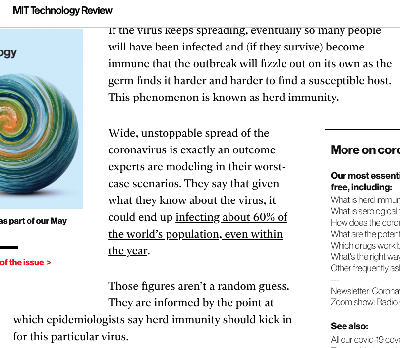 In the early days, when U.S. deaths projections were 2, 3 or 4 million people, it's because herd immunity was not considered reasonable to achieve without great loss of life. See this excerpt from MIT Technology Review on March 17.5/6 https://www.technologyreview.com/2020/03/17/905244/what-is-herd-immunity-and-can-it-stop-the-coronavirus/