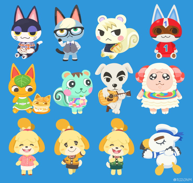 isabelle (animal crossing) blush stickers smile shirt blue background cat tail simple background multiple boys  illustration images