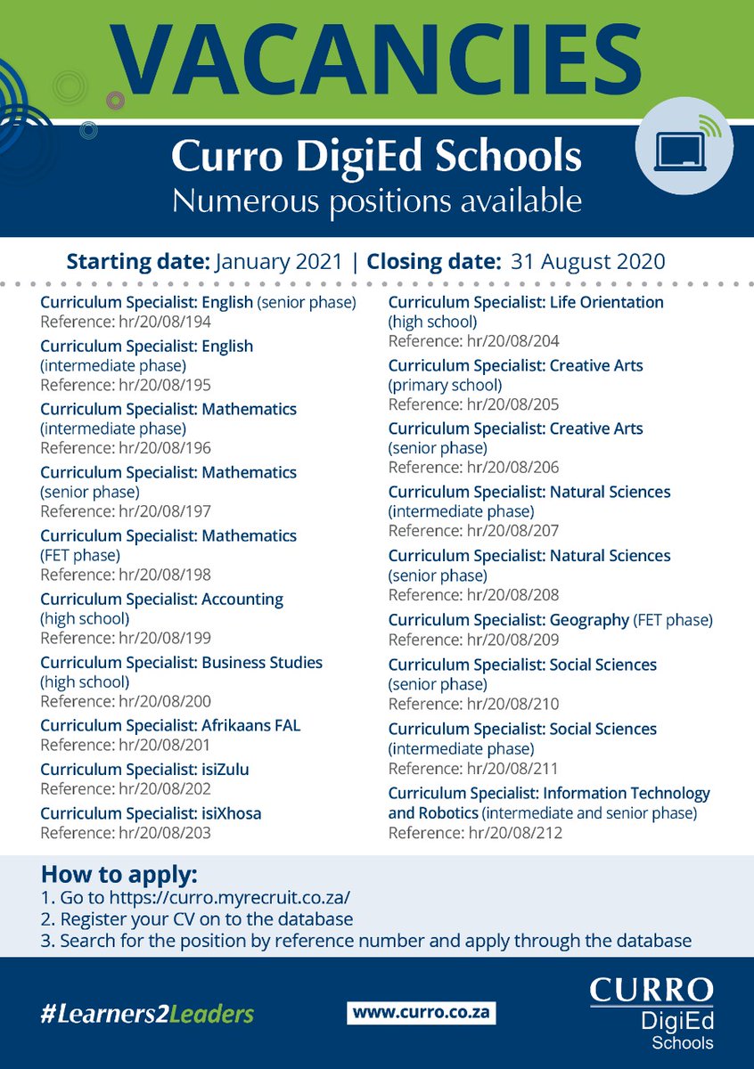 MeganRademeyer's tweet photo. @CURRO_SCHOOLS is hiring educators with outstanding digital skills and a passion for curriculum design &amp; materials development. The curriculum specialists will support and mentor teachers teaching at Curro DigiEd schools and Curro Online. #ZAedu https://t.co/6fE7Mp0bKd