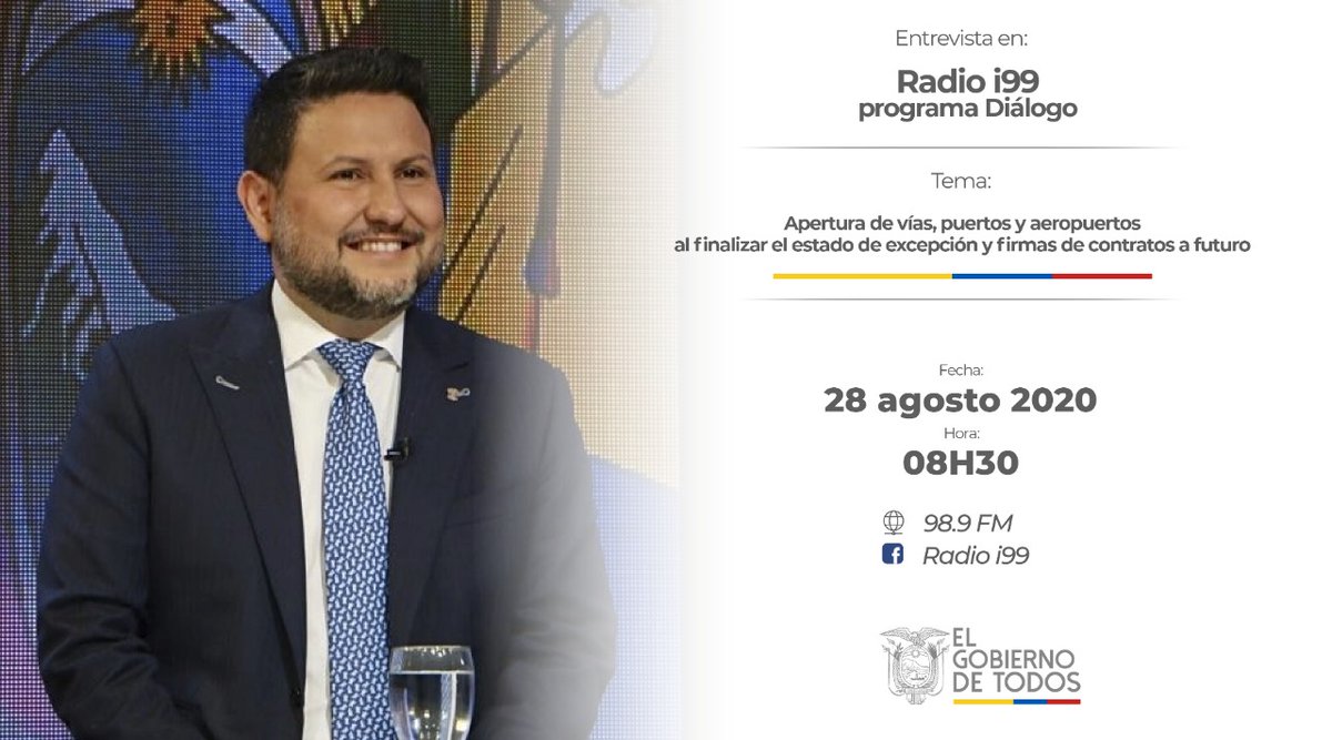 📍#AgendaEnMedios | Este viernes 28 de agosto, a partir de las 8h30, ministro Gabriel <a href="/martinezjg/">Gabriel Martínez Castro</a> informará en <a href="/radioi99/">Radio i99 98.9FM</a> sobre temas de relevancia nacional en materia de transporte, movilidad e infraestructura vial.