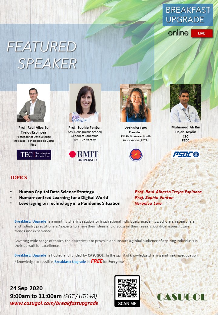 casugol's tweet image. We are pleased to confirm the Speakers Breakfast: Upgrade on 24 Sep 2020, 9am to 11am (SGT / UTC +8).

Trust that all will have a positive and defining sharing experience.

casugol.com/breakfastupgra…

#breakfastupgrade #casugol #learntogrow #onlineevent #digitaltransformation