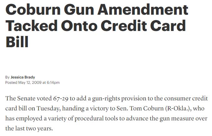 29/ The CARD Act has some great quirks in it. Sen. Tom Coburn pulled a stunt to add language that allowed guns in national parks. It worked!I assume it was spurred on by Coburn’s love of Warren Zevon. The next few weeks, lawyers argued over guns and money.