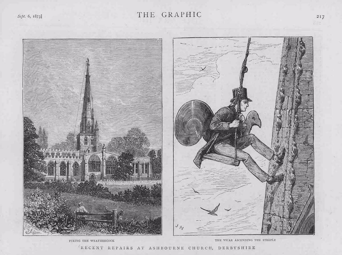 SarahBlick3's tweet photo. #MedievalTwitter #VictorianTwitter #ThursdayThrowback Vicar repairing the weathercock on top of the steeple at Asbourne, Derbyshire in style in 1873. https://t.co/AYI8McKjVX