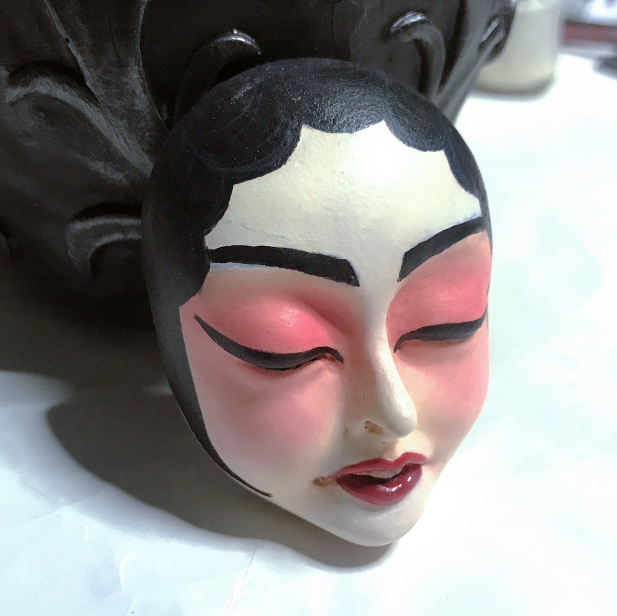 First new Dollface painted! This one’s called ‘Peking’ and based on Beijing Opera makeup. Hoping to have all three designs done by this week so I can have them up on my Etsy store sooon! Keltonfx.etsy.com #dollfaces #keltonfx #dollfacesbykeltonfx