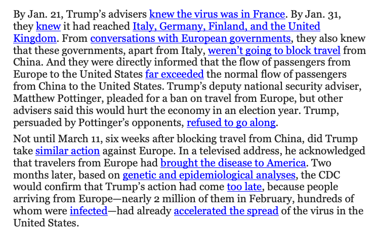 In his convention speech, Trump says he “introduced a ban on Europe very early.” Bull. For six crucial weeks, despite knowing the virus was in Europe, he refused entreaties to cut off travel from the continent. CDC later confirmed that this delay seeded the pandemic in the US. /8