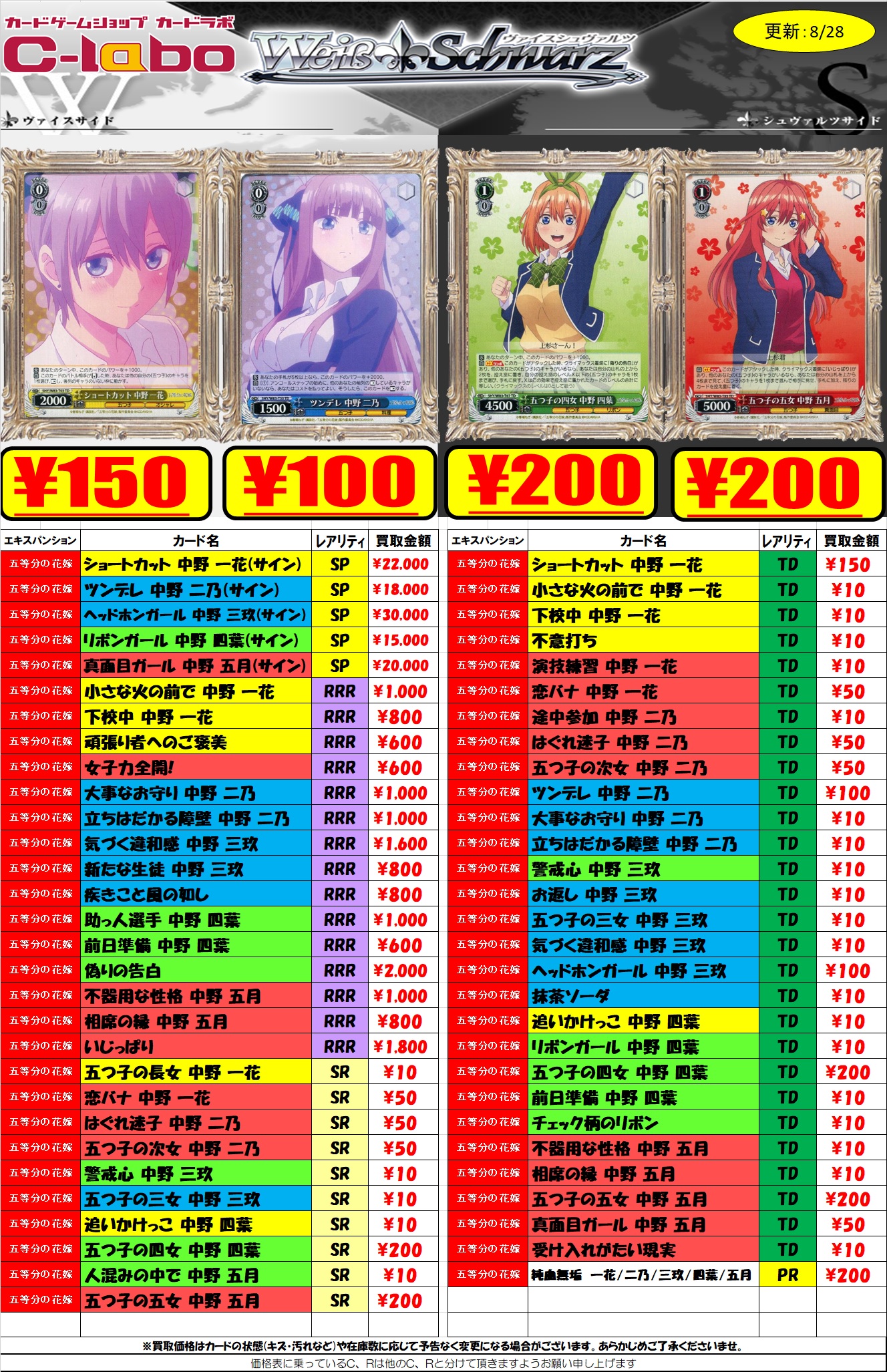 五等分の花嫁　ヴァイスシュヴァルツ　まとめ売り カードリスト ｜ ヴァイスシュヴァルツ｜Weiβ Schwarz