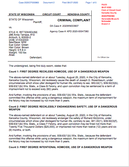 Kyle Rittenhouse min. sentencing of the 5 charges is 12 yrs (6 months) & max is 60 - life.I simplified the criminal complaint to clarify the 6 counts he'll face. Truly a clear warning to  #KenoshaGuard &  @kenoshapolice collaborating w/ Kyle inciting violence  #KyleRittenhouse