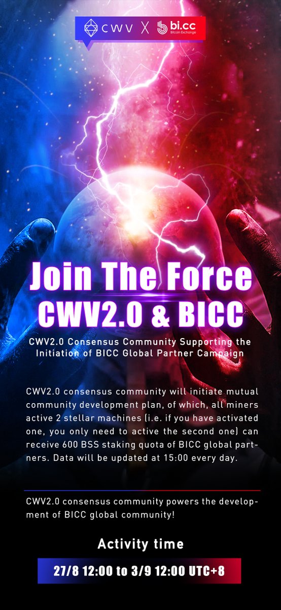 blockchaintechu's tweet photo. #Join_The_Force 
#CWV2.0 consensus community has initiated mutual community development plan: all miners active 2 stellar machines can receive 600 $BSS staking quota of @ExchangeBicc BICC global partners. 

Activity time: 27/8 12:00-3/9 12:00 (UTC+8)

 #BICC #Blockchain #Mining https://t.co/d88INFdrGi