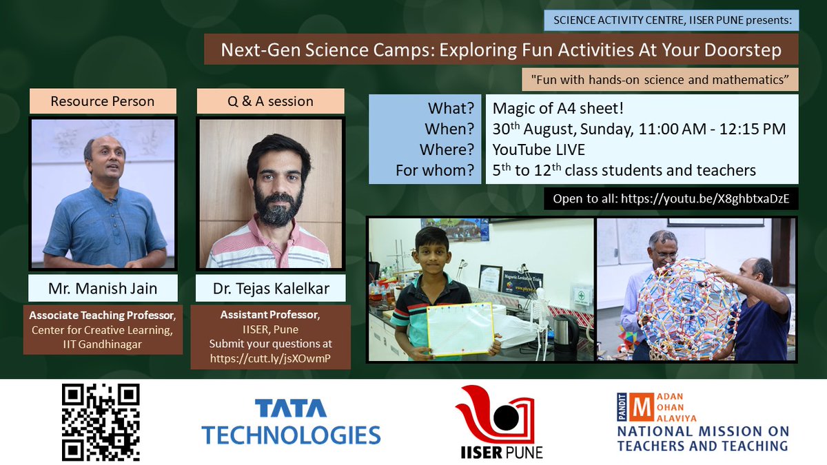 IISER Pune (@iiserpune) on Twitter photo Episode 13 of online demo series by <a href="/ScienceActivity/">ScienceActivityCentre <a href="/IISERPune/">IISER Pune</a></a> is on Magic of A4 Sheet!
Resource Person: Manish Jain, Centre for Creative Learning <a href="/iitgn/">IIT Gandhinagar</a>
Q/A session with Dr Tejas Kalelkar, Faculty member @IISERPune
Sun Aug 30 11 am to 12:15 pm
youtu.be/X8ghbtxaDzE
Open for all! Episode 13 of online demo series by <a href="/ScienceActivity/">ScienceActivityCentre <a href="/IISERPune/">IISER Pune</a></a> is on Magic of A4 Sheet!
Resource Person: Manish Jain, Centre for Creative Learning <a href="/iitgn/">IIT Gandhinagar</a>
Q/A session with Dr Tejas Kalelkar, Faculty member @IISERPune
Sun Aug 30 11 am to 12:15 pm
youtu.be/X8ghbtxaDzE
Open for all!