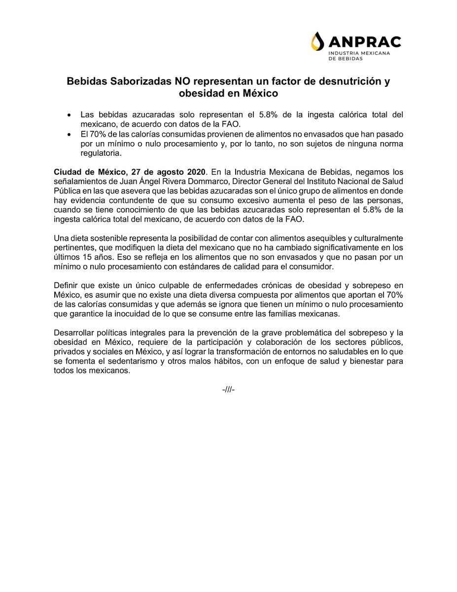 MexBebOficial's tweet photo. #Comunicado Las bebidas azucaradas solo representan el 5.8% de la ingesta calórica total del mexicano, de acuerdo con datos de la FAO. 
Cc. @RiveraDommarco https://t.co/PYn9aNpPlD
