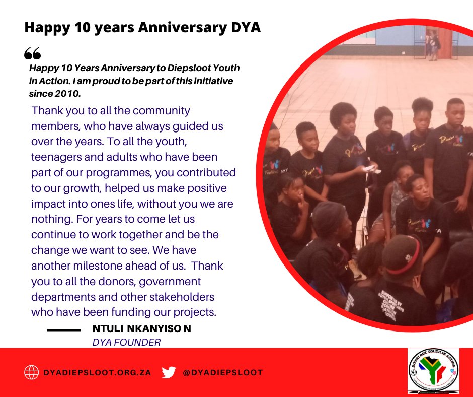 DYADIEPSLOOT's tweet photo. Happy 10 years anniversary to Diepsloot Youth in Action. #dyasport #DYAArts #Diepsloot @dyadiepsloot https://t.co/qGsWDS0faZ