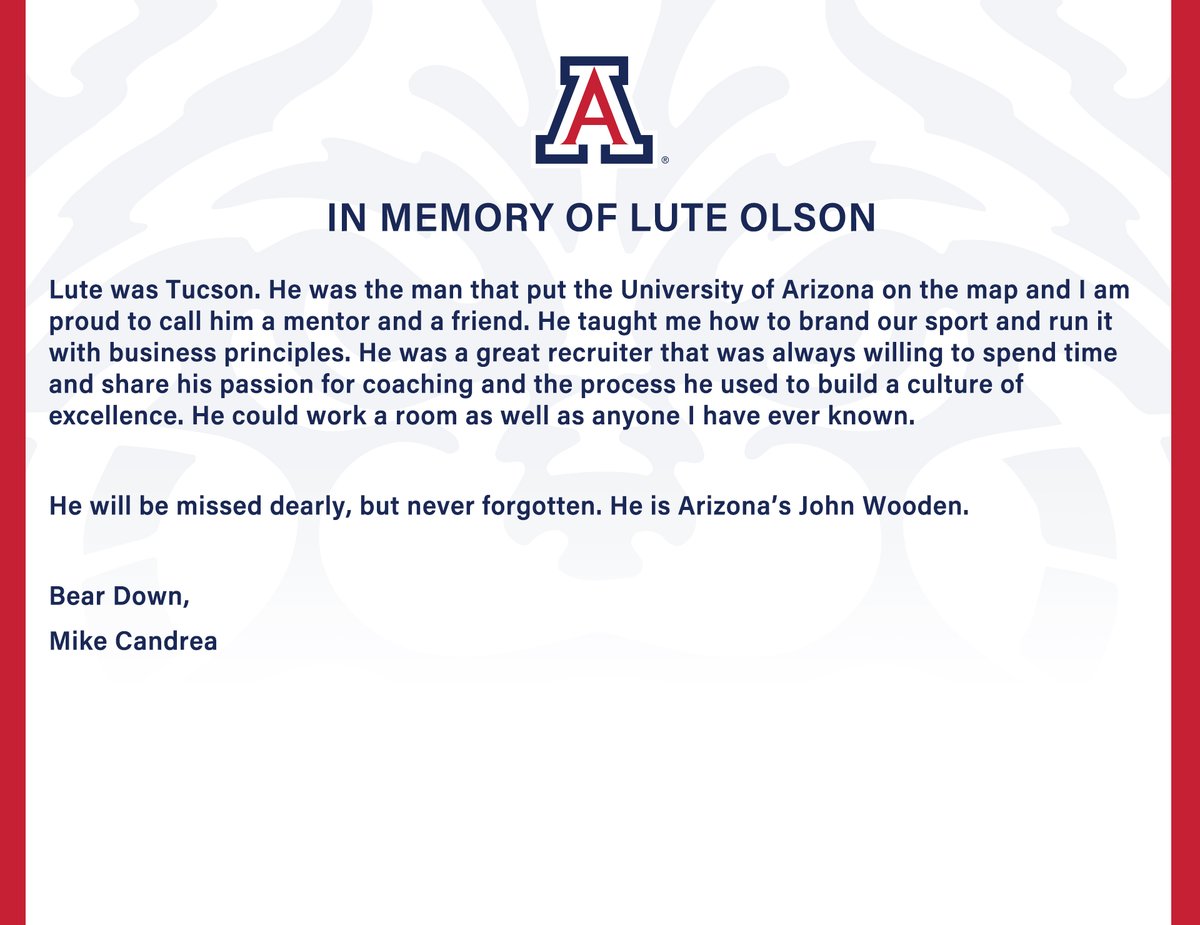 ArizonaSoftball's tweet photo. Rest in Peace, Coach Olson ❤️💙 https://t.co/dsih9G0CXE
