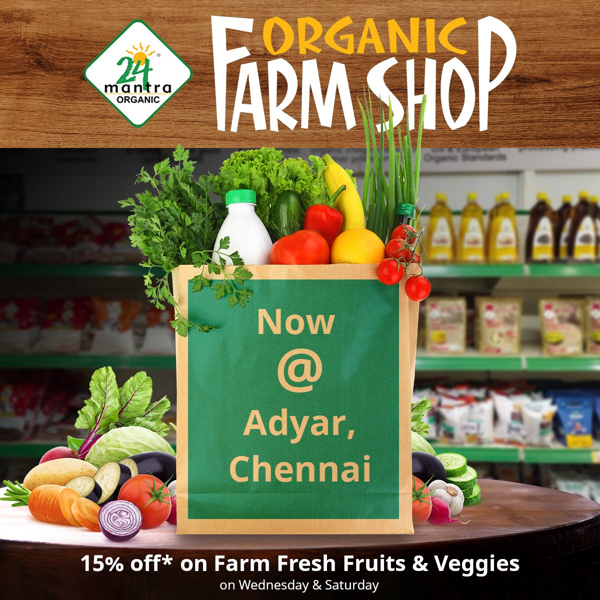 24MantraOrganic's tweet photo. 24 Mantra Organic Farm Shop is now open @ Adyar, Chennai
15% off* on farm fresh fruits &amp; vegetables available on every Wednesday and Saturday.
Find us here: https://t.co/L7Pq2buu7c 
Contact us @ 9442899727
#24MantraOrganic #FarmShop #FruitsAndVeggiesDay https://t.co/wv4BA8ISIg
