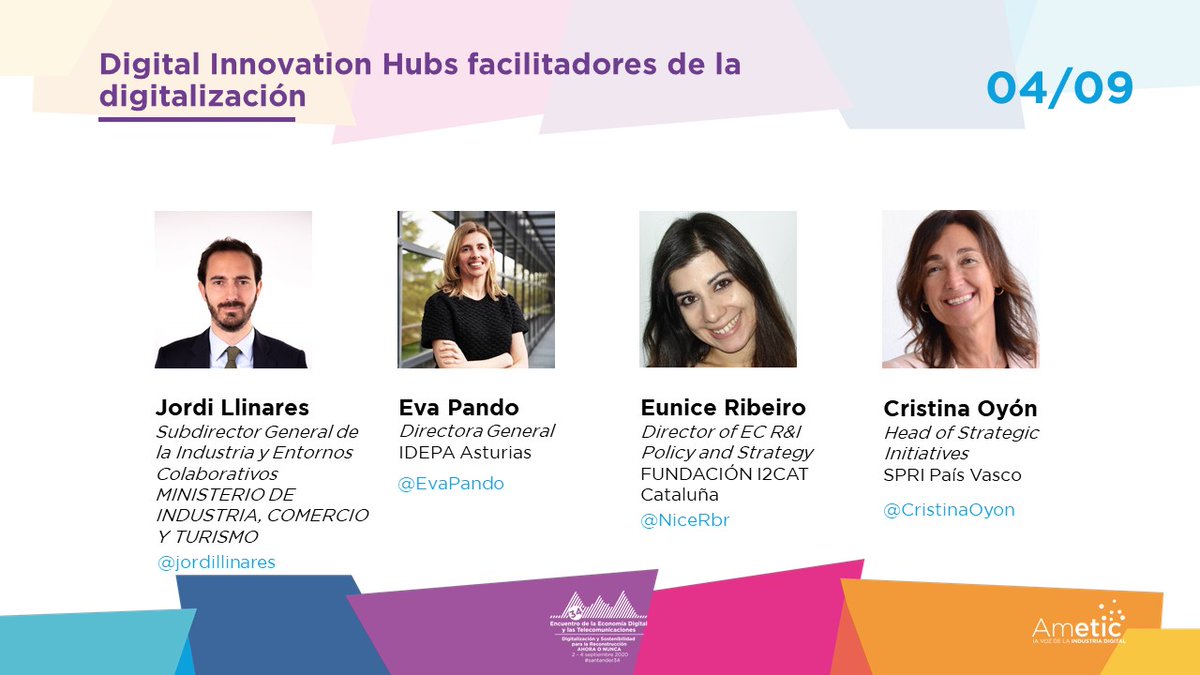 🗣 A las 10:00 turno para debatir en #santander34 sobre "Digital Innovation Hubs #DIH facilitadores de la digitalización" con la participación de:
 
▪ <a href="/jordillinares/">Jordi Llinares</a>, @mincoturgob
▪ <a href="/EvaPando/">EvaPando</a>, @idepasturias 
▪ <a href="/NiceRbr/">Eunice Ribeiro</a>, Fundación <a href="/i2CAT/">i2CAT Research & Innovation Centre</a> 
▪ <a href="/CristinaOyon/">Cristina Oyón</a>, SPRI