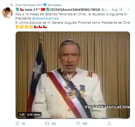 Erica Henriquez, chilena, 400K tuits, proQanon, proPinochet, participante en las campañas antiGobierno y anticonfinamiento en Argentina. La cuenta más retuiteada es la de Trump, pero sobre todo hace difusión contenido chileno proPinochet y proPlandemia (también VOX).