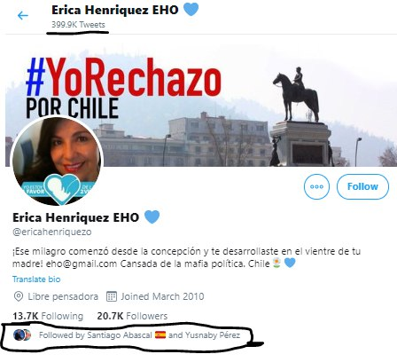 Erica Henriquez, chilena, 400K tuits, proQanon, proPinochet, participante en las campañas antiGobierno y anticonfinamiento en Argentina. La cuenta más retuiteada es la de Trump, pero sobre todo hace difusión contenido chileno proPinochet y proPlandemia (también VOX).