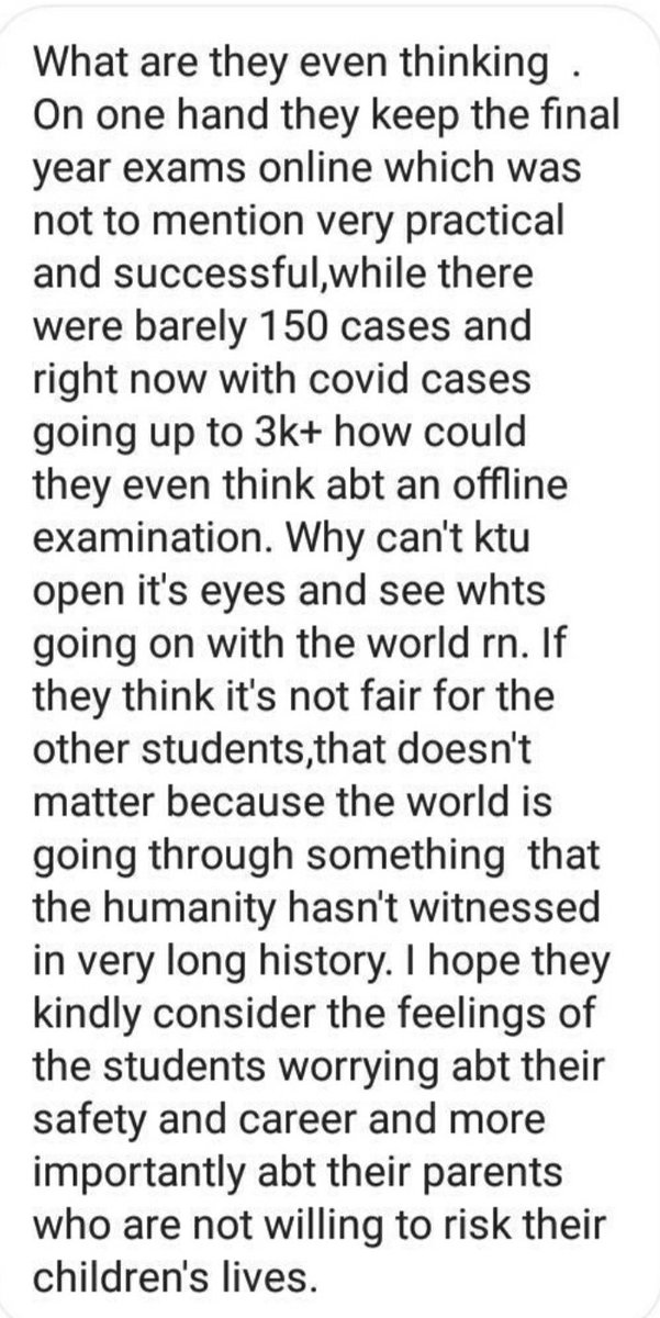 SreeragOg's tweet photo. Had to post it as a screenshot because of the word limit . 

@ShashiTharoor 
@CMOKerala 
@apjaktuofficial 
@KeralaGovernor 

#MakeKtuSupplementaryExamsOnline
#ktu
#StudentsLivesMatter 
#ExamsInCovidASuicide https://t.co/3XA6lmxVbf